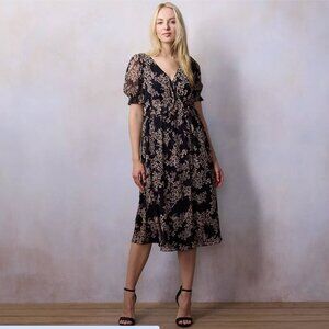 Women's XXL - LC Lauren Conrad Tie Front V-Neck Midi Dress Black Jasmine Floral
